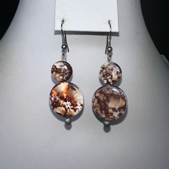 Marbleized Tortoise Acrylic Circle Drop Earrings - Picture 2 of 6